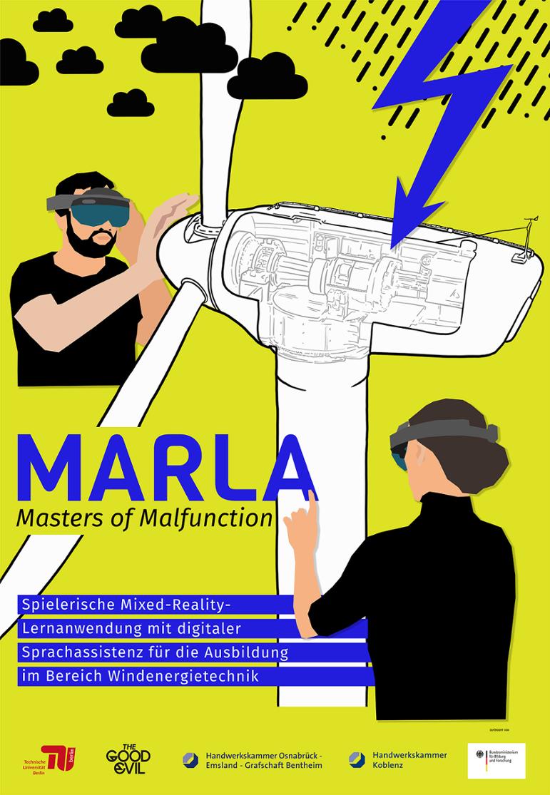 Poster des Projekts MARLA, das gezeichnete Personen mit VR-Brille zeigt, die an Windrad arbeiten